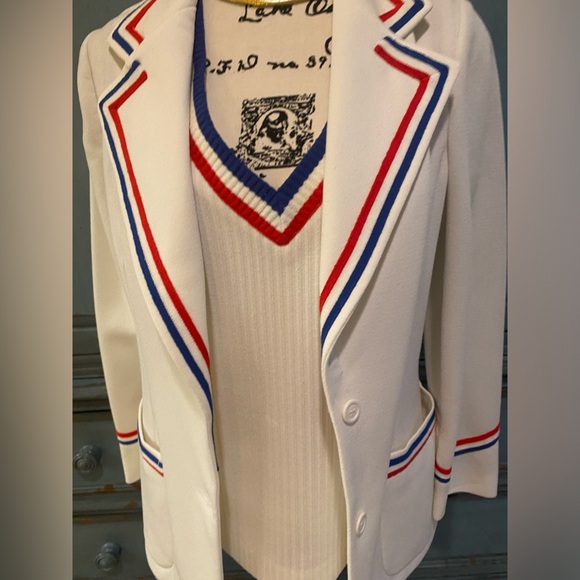 Vintage Act III V Neck Sleeveless Sweater & Matching Jacket Cream Red And Blue - Picture 5 of 8